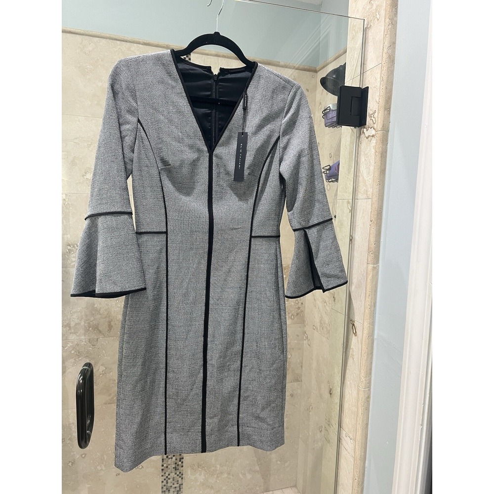 Elie Tahari Laurie Bell Sleeve Career Shift Dress Gray Black Wool Blend NWT 2